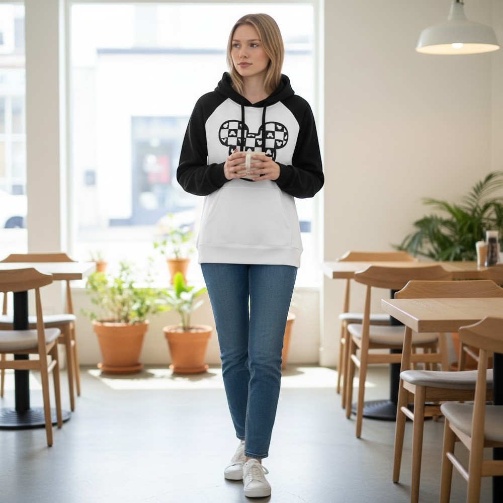 Trendy Queen Graphic Hoodie Size L Mouse Checkered Raglan Sweatshirt Black White